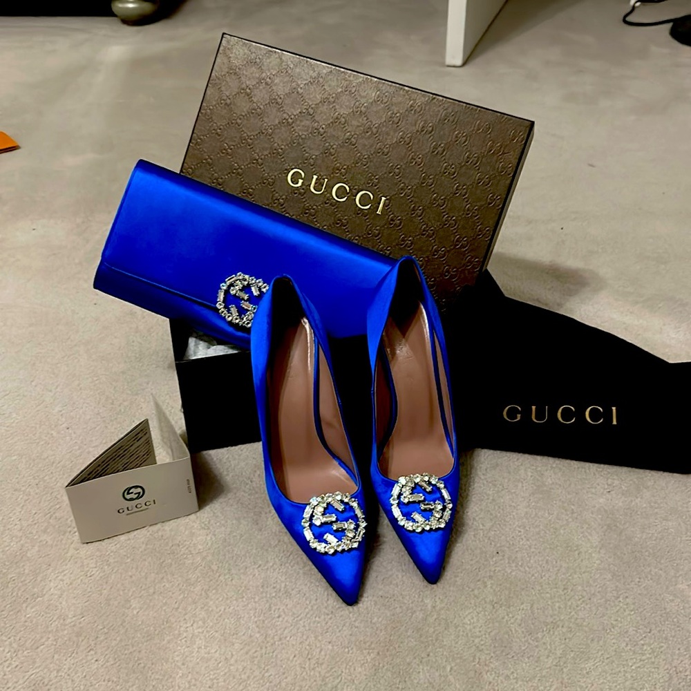 Elegant satin crystal 37.5 shoes & matching clutch by Gucci-both $1000